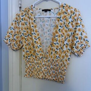 SHEIN Yellow Floral Smocked Blouse